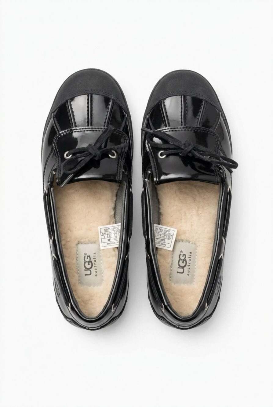 UGG Australia Black Patent Leather Duck Boat Shoes with Shearling Lining